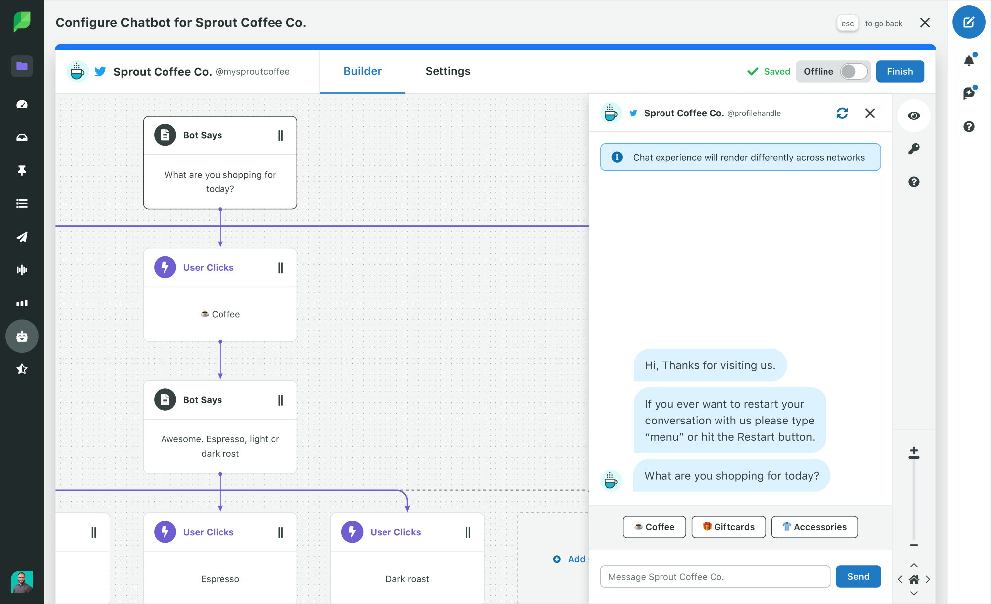 O painel do Bot Builder do Sprout traz uma prévia ao vivo para você testar a experiência do usuário final durante o desenvolvimento.