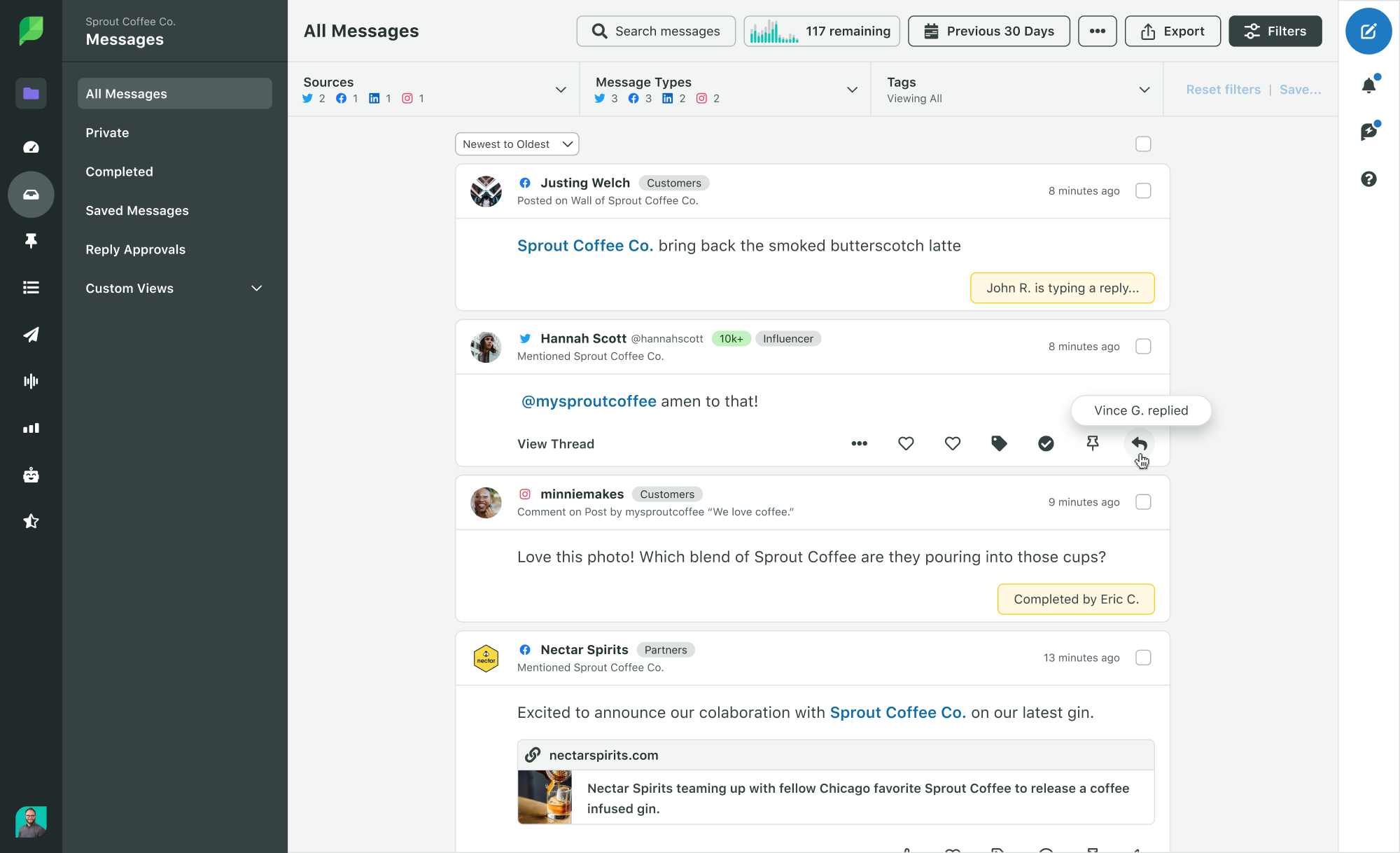 Sprout Social's collision detection capability enhances collaboration, enabling greater work transparency so no two team members respond to the same query at the same time.