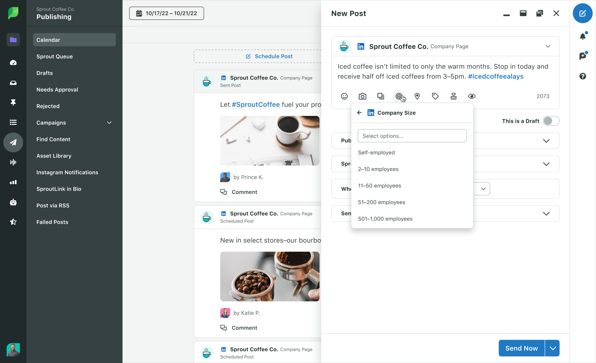 Sprout Social's publish a new LinkedIn post capability to preview and optimize the post