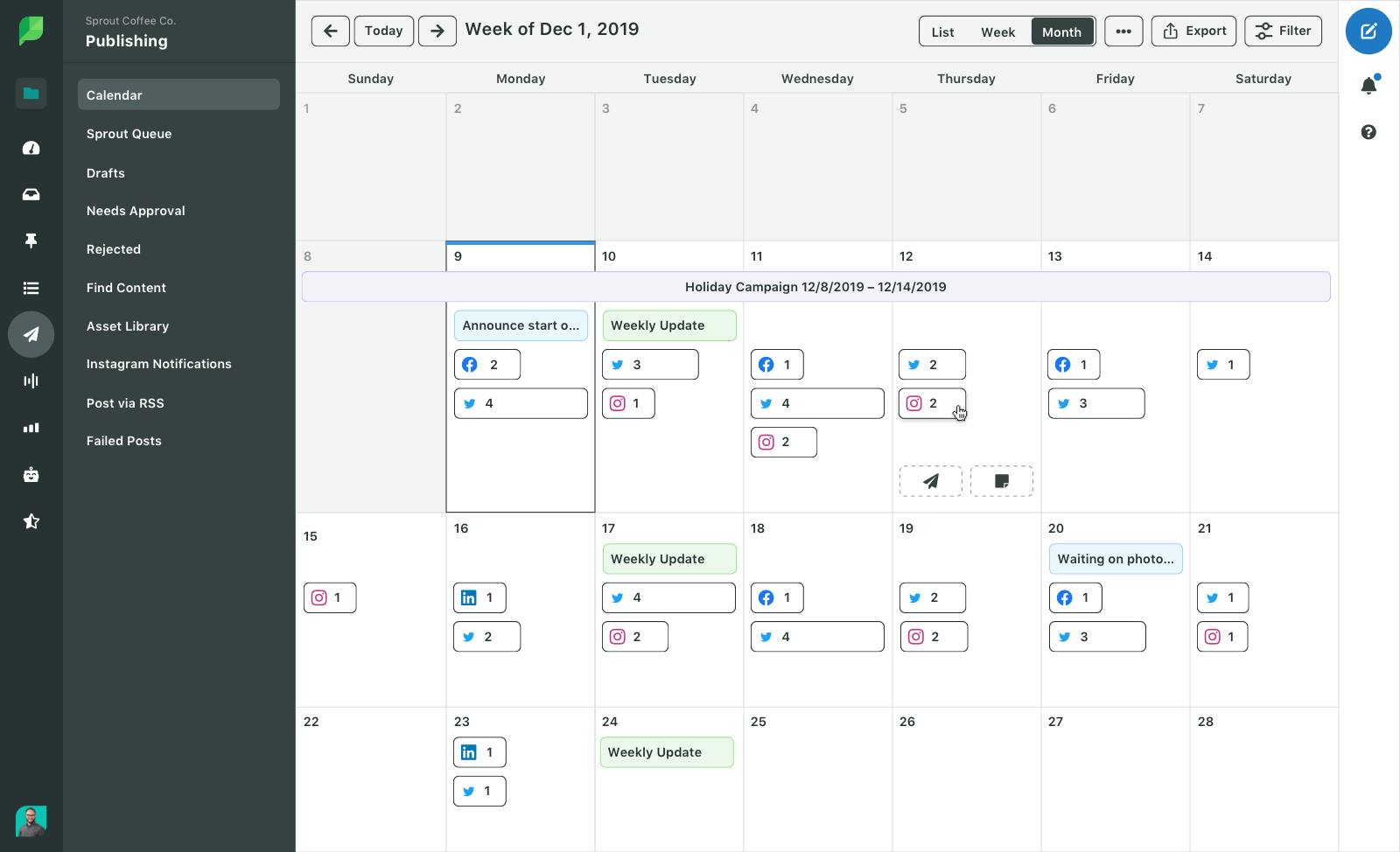 Immagine del prodotto Visuale mensile del calendario di pubblicazione di Sprout Social