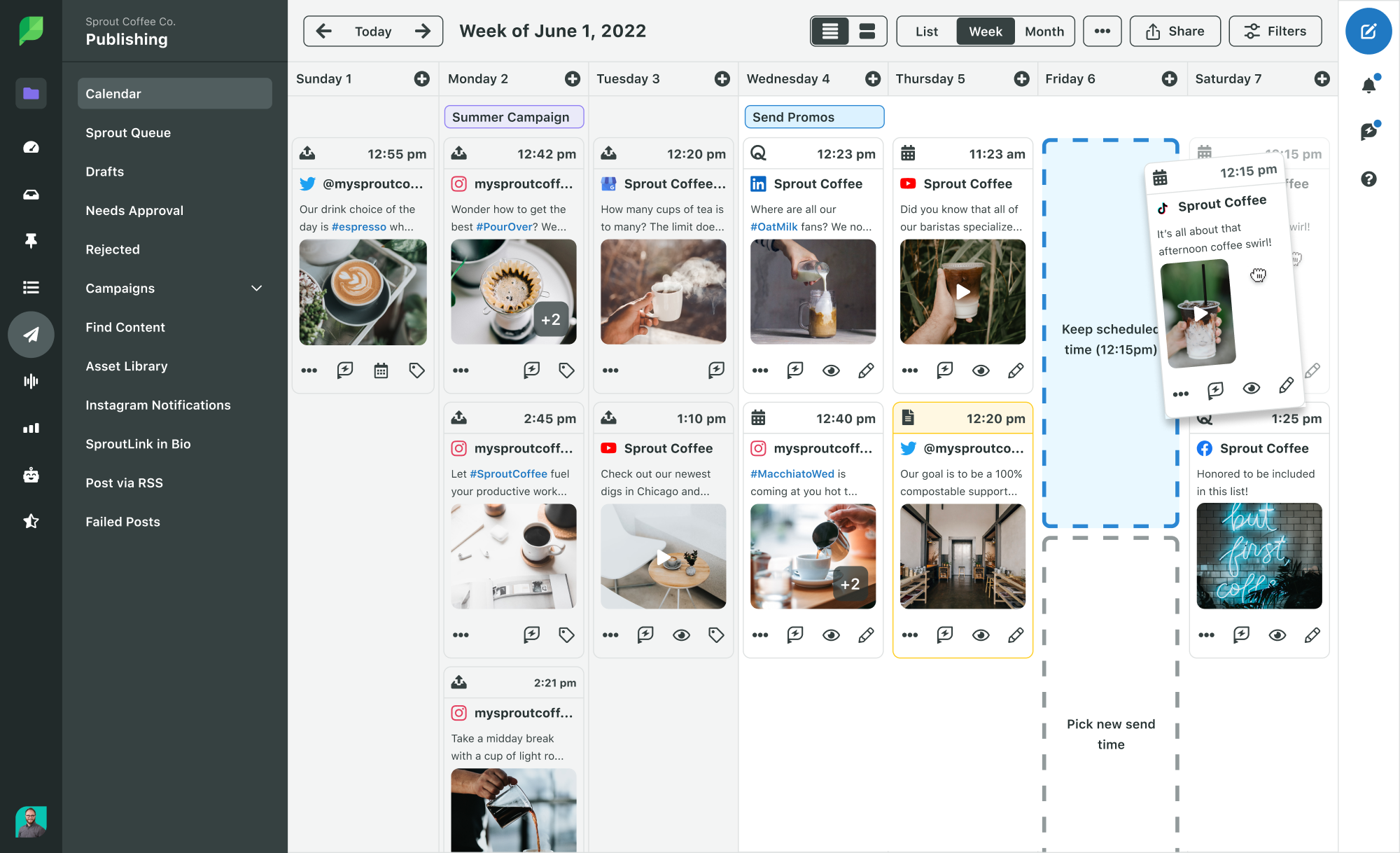 Sprout Social Immagine del prodotto della Visualizzazione della settimana di pubblicazione tramite la funzione di trascinamento della selezione