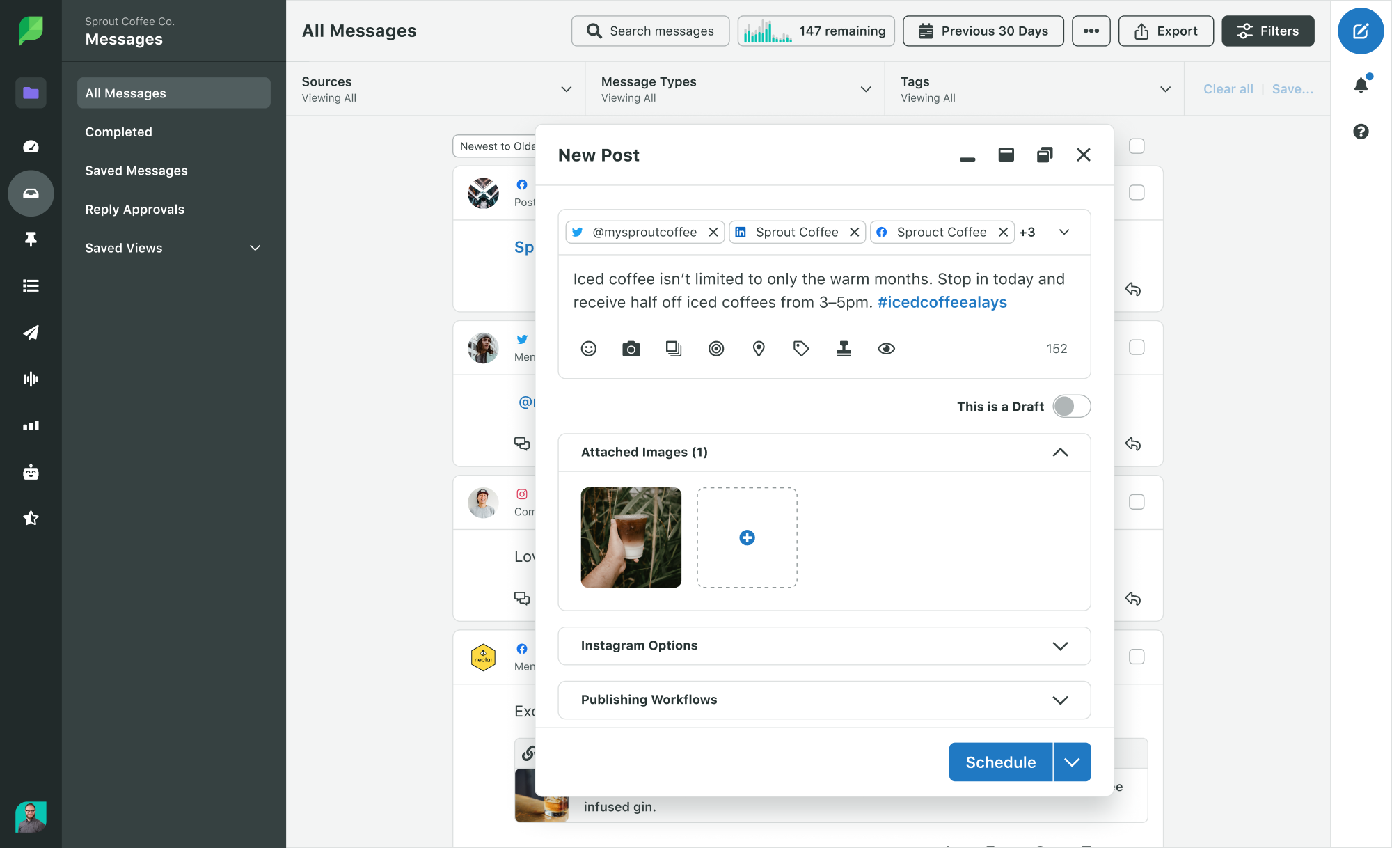 Sprout’s Smart Inbox aggregates all your messages in a single location to capture audience sentiment and collaborate effectively.