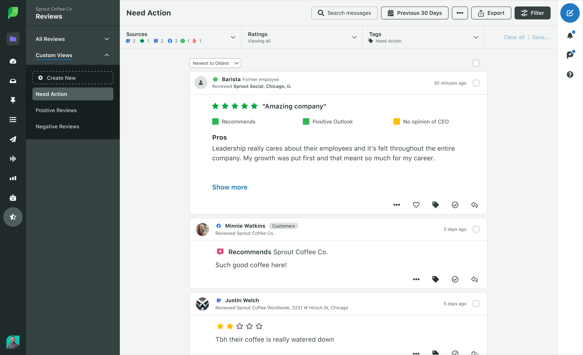 Sprout Social's review management tool pulls in reviews across multiple sites into one inbox.