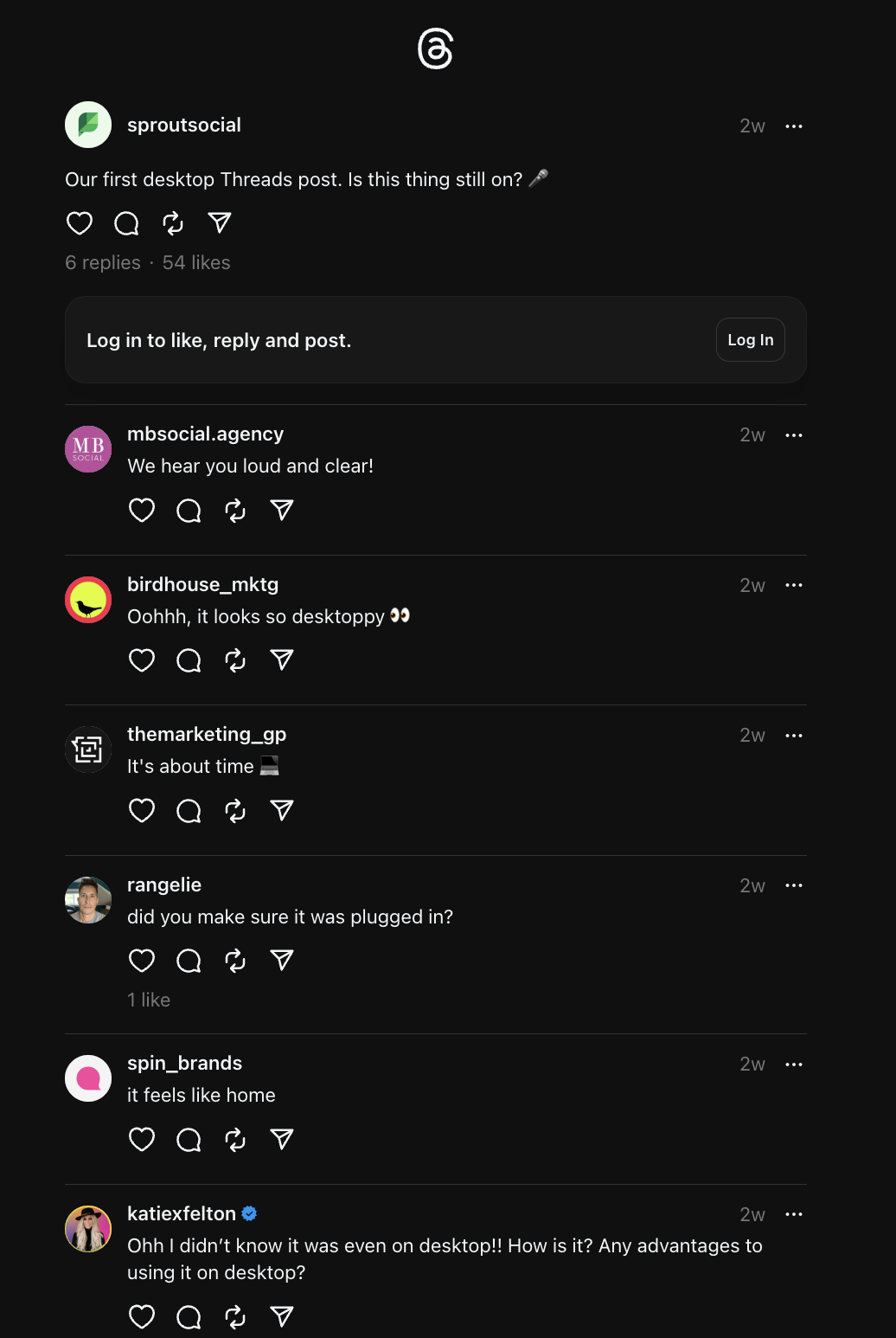 A Thread post from Sprout Social that reads, "Our first desktop Threads post. Is this thing still on?"