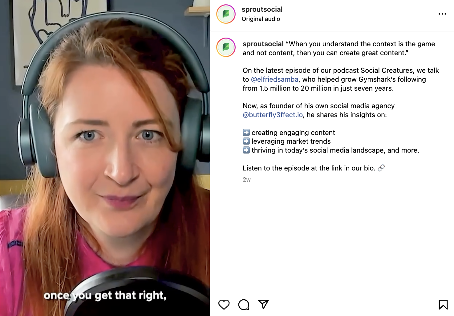 An Instagram post from Sprout Social promoting their podcast Social Creatures. The caption shares details about an episode featuring Gymshark.