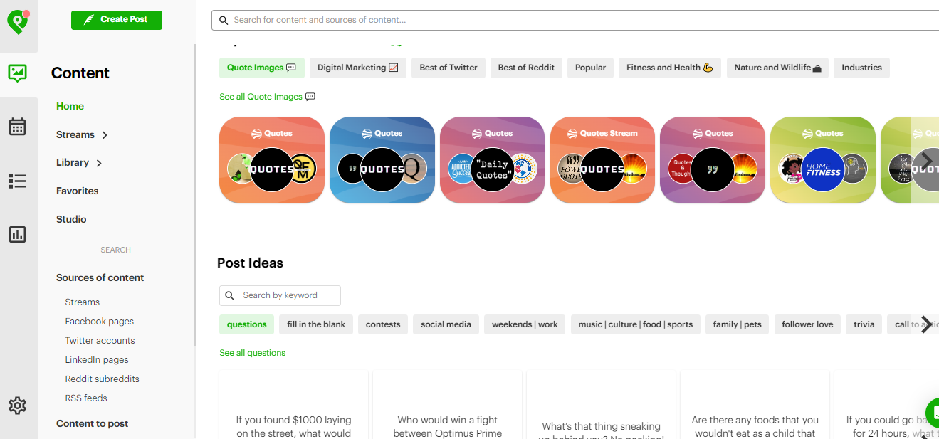 Dashboard of the social media scheduling tool, Post Planner