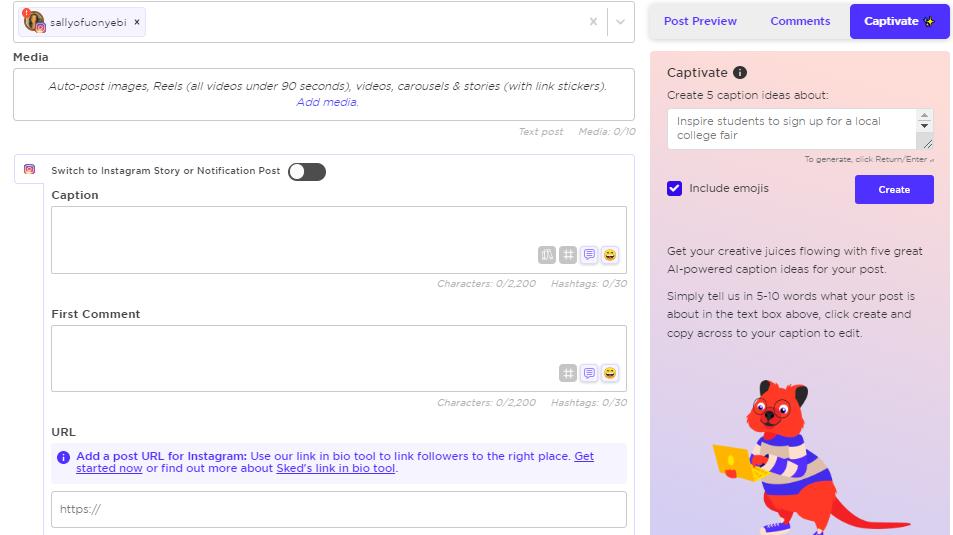 Dashboard of the social media scheduling tool, Sked Social