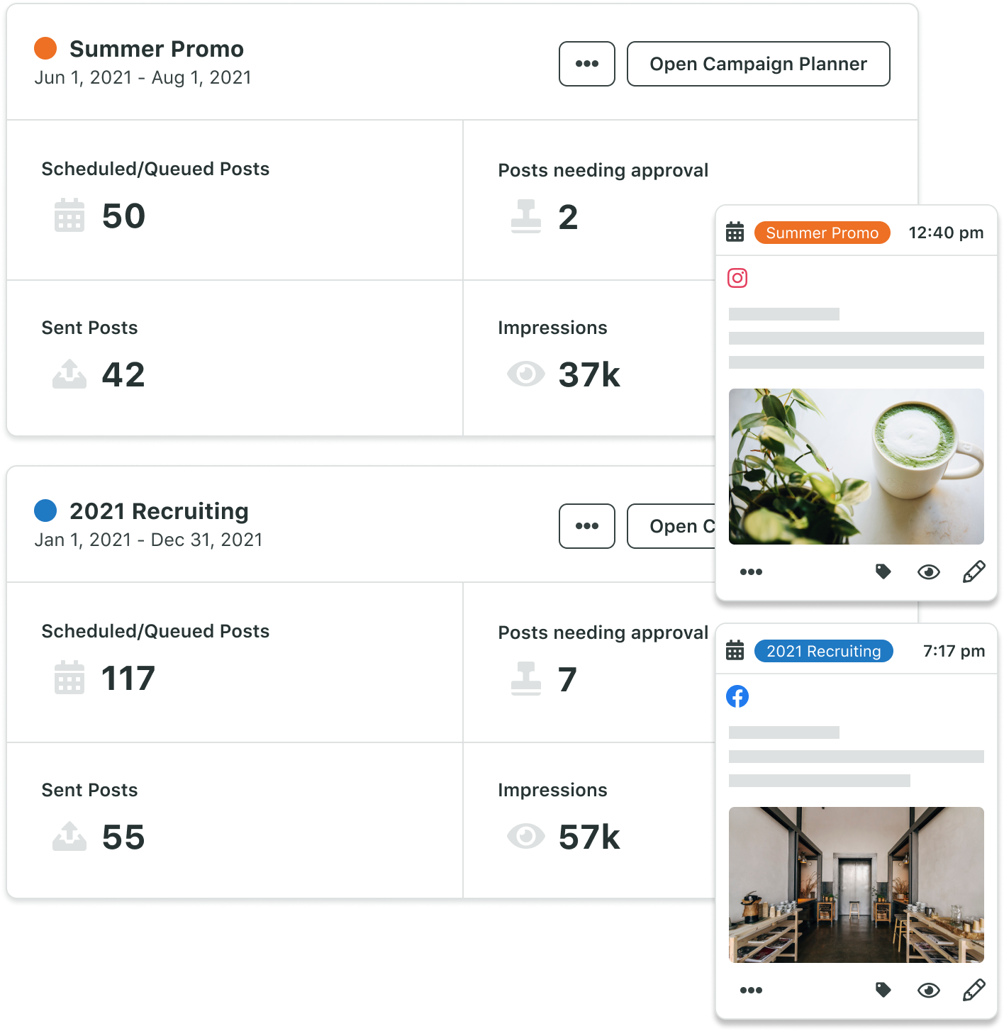 Surveillez simultanément le contenu et les performances de plusieurs campagnes avec des options vous permettant d'afficher un aperçu des posts publiés et des posts planifiés dans votre calendrier de contenus.