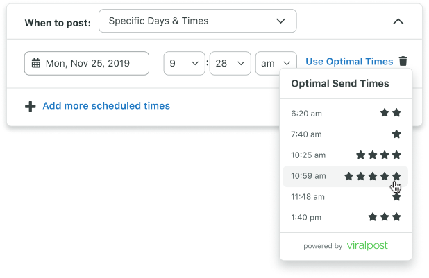 En regardant de plus près, le menu Heures d'envoi optimales de Sprout indique six moments différents, chacun avec des étoiles décrivant les niveaux d'engagement potentiel.